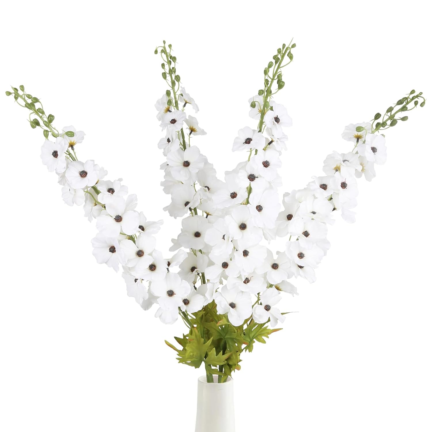 42'' Long Stem White Delphinium Artificial Flowers For Tall Vases 4Pcs Fake Hollyhock Silk Flowers Realistic Larkspur Faux Flower For Home Wedding Table Decor Floral Arrangement (Pure White)