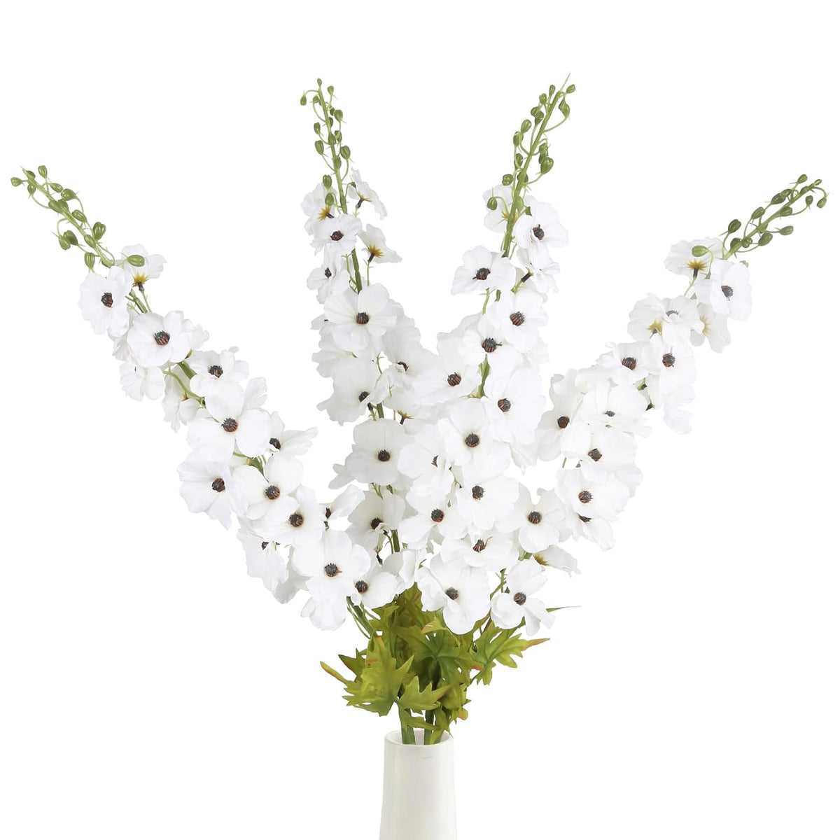 42'' Long Stem White Delphinium Artificial Flowers For Tall Vases 4Pcs Fake Hollyhock Silk Flowers Realistic Larkspur Faux Flower For Home Wedding Table Decor Floral Arrangement (Pure White)