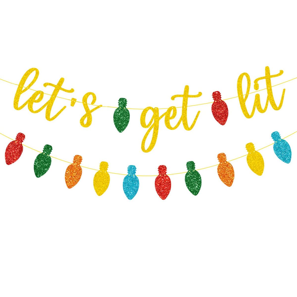 Gold Glittery Let'S Get Lit Banner And And Colorful Glittery Christmas Lightbulb Themed Banner Christmas Garland Signs Christmas Holiday Party Supplies For Mantle Fireplace Wall