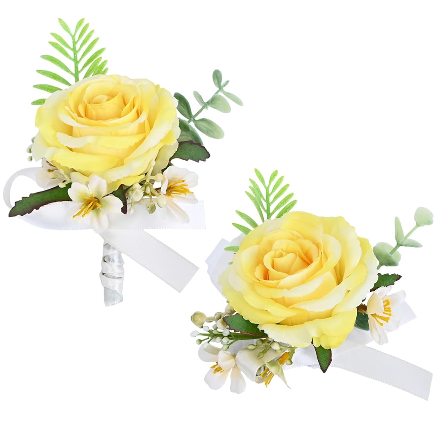 2 Pieces Artificial Flower Wrist Corsage And Boutonniere Set, Groom Groomsmen Bride Bridesmaids Wedding Accessories Prom Party Suit Decorations - Yellow