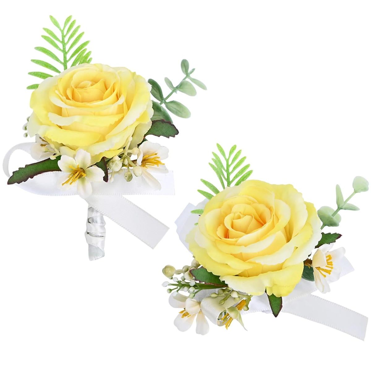 2 Pieces Artificial Flower Wrist Corsage And Boutonniere Set, Groom Groomsmen Bride Bridesmaids Wedding Accessories Prom Party Suit Decorations - Yellow