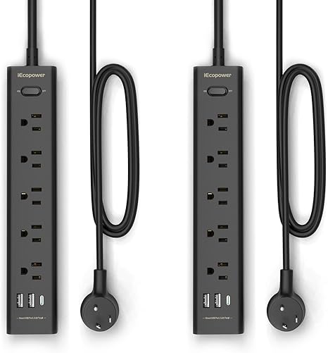 2 Pack Surge Protector Power Strip 10FT Extension Cord with 5 Outlets 3 USB Ports Flat Plug 700J