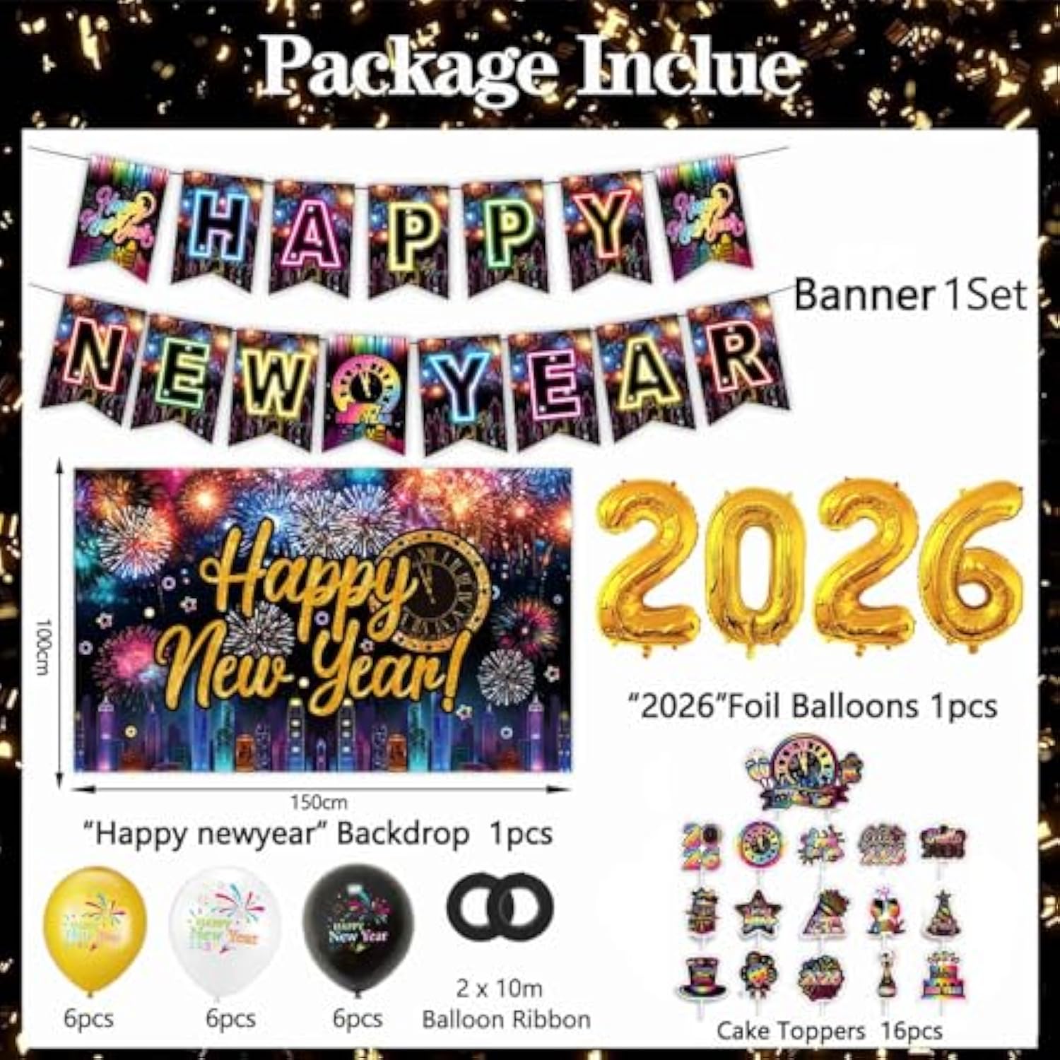 2026 Neon New Year Party Kit with Rainbow Banner, Foil Balloons, and Cake Toppers