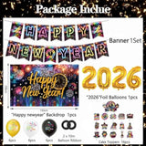 2026 Neon New Year Party Kit with Rainbow Banner, Foil Balloons, and Cake Toppers