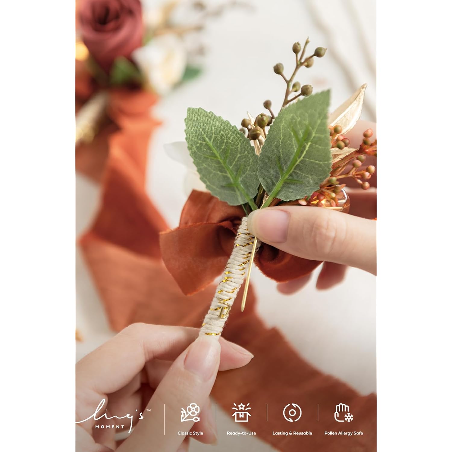 Boutonniere For Men, 2Pcs Groom Groomsmen Guest Boutonniere, Artificial Flowers For Wedding/Prom/Homecoming, Etc.Fall Orange Terracotta