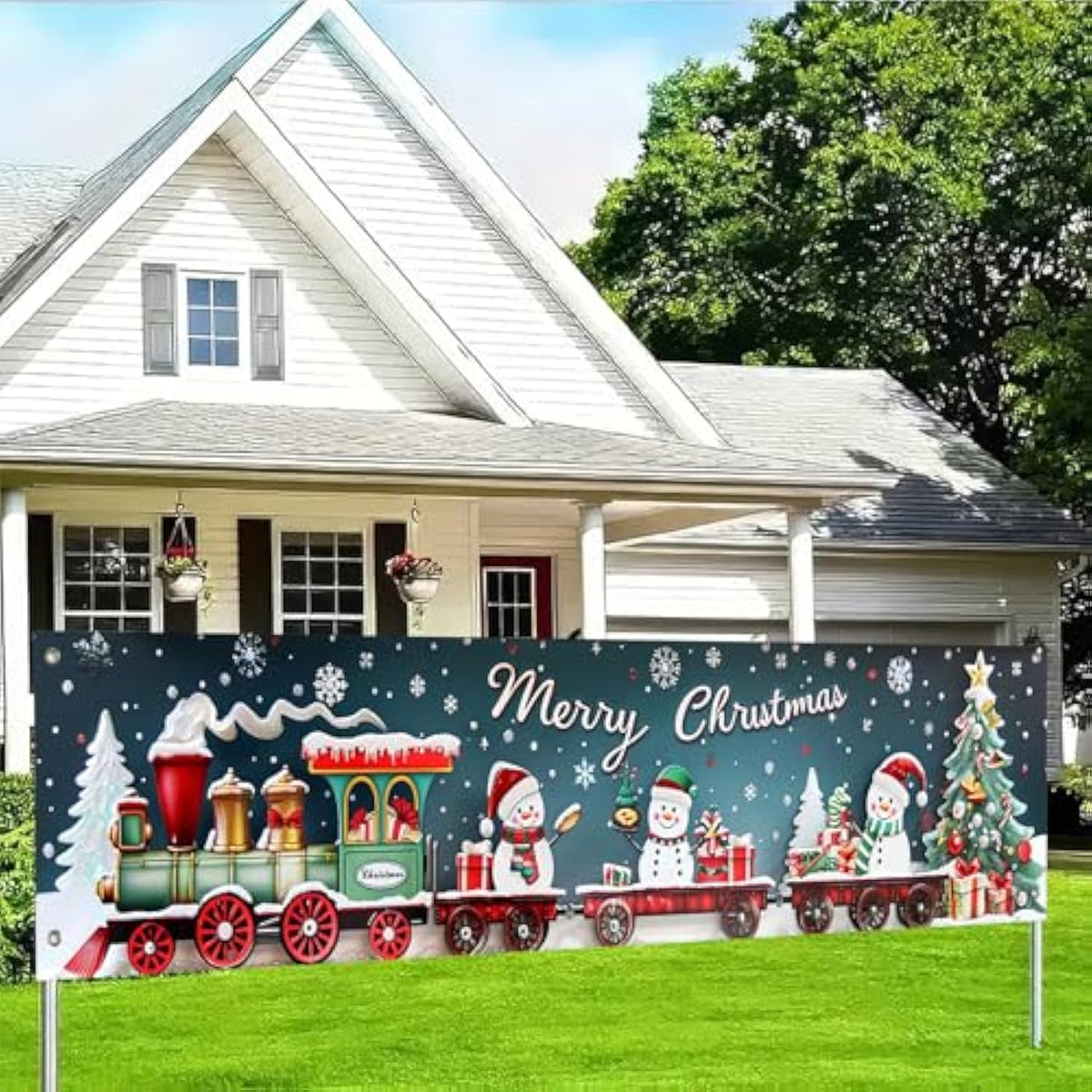 Christmas Fence Banner 78X17 Inch Merry Christmas Train Outdoor Decorations Snowman Santa Tree Holiday Wall Backdrop For Yard Porch Fence Decor