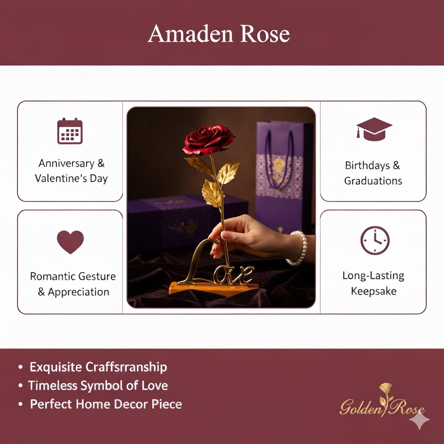 Rose Gift Box With Golden Love Stand – Romantic Artificial Flower Arrangement With Carry Bag For Valentine’S Day, Anniversary, Birthday & Special Occasions (Red)