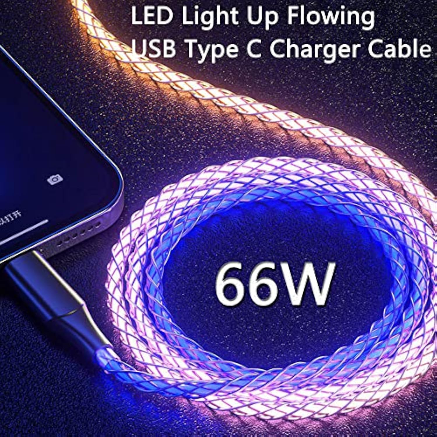 3Ft 66W Led Light Up Glowing Usb C To Usb C Cable,Aluminum Shell Fast Charging