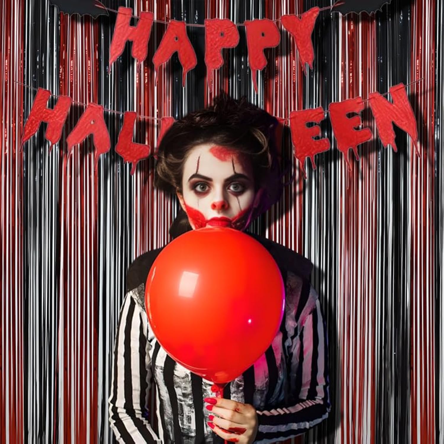 2 Pack Black Red Foil Fringe Curtains 3.2x8.2ft Backdrop for Halloween Party Decor