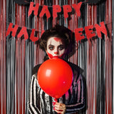 2 Pack Black Red Foil Fringe Curtains 3.2x8.2ft Backdrop for Halloween Party Decor