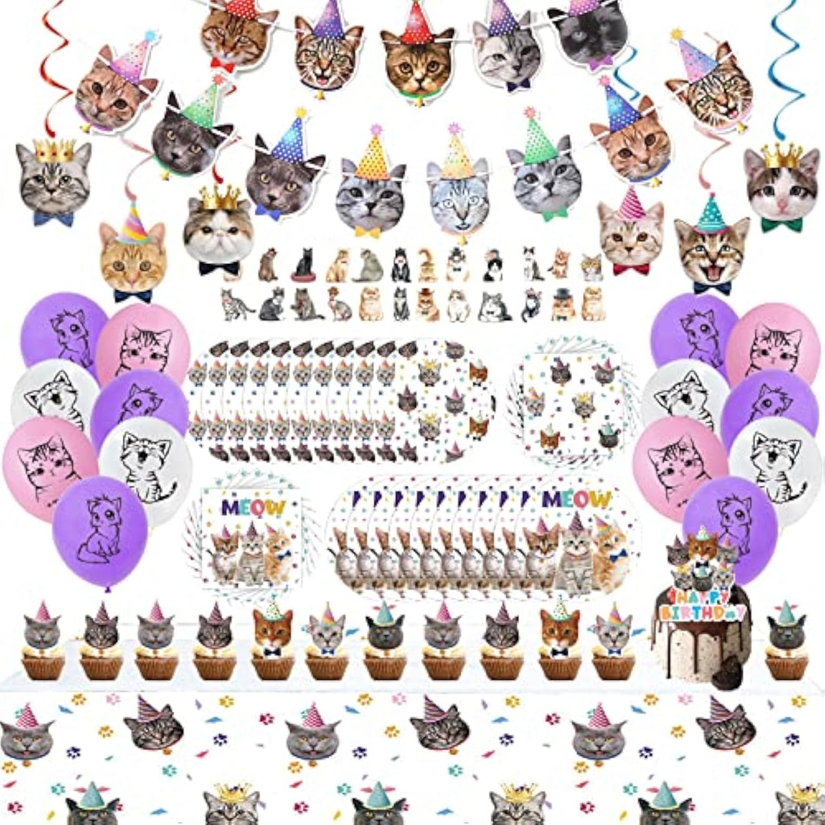 Cat Birthday Party Kit: 137-Piece Set for 20 Guests