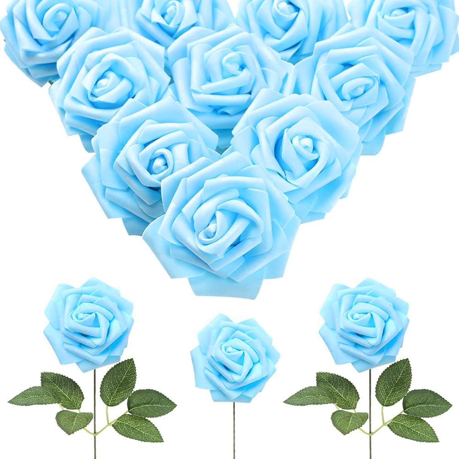 30Pcs Baby Blue Roses Foam Flowers Artificial Roses With Stems, Fake Roses With Fake Flowers For Diy Wedding Bouquets Baby Shower Centerpieces Floral Party Home Décor (Light Blue)