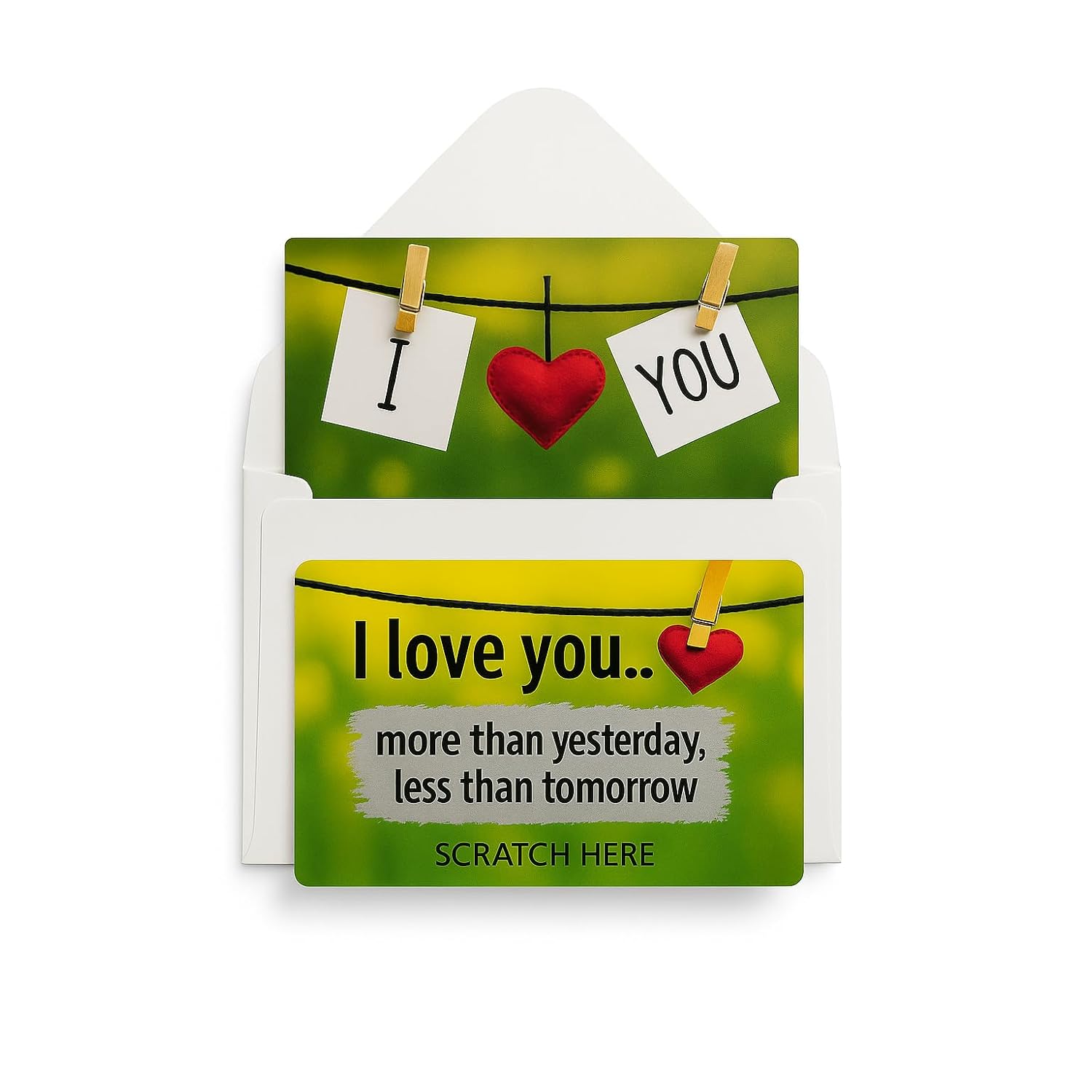 Romantic Scratch Off Card – “I Love You More Than Yesterday” – Mini Love Greeting Card For Him Or Her, Wallet Size Romantic Note, Cute Surprise, Envelope Included
