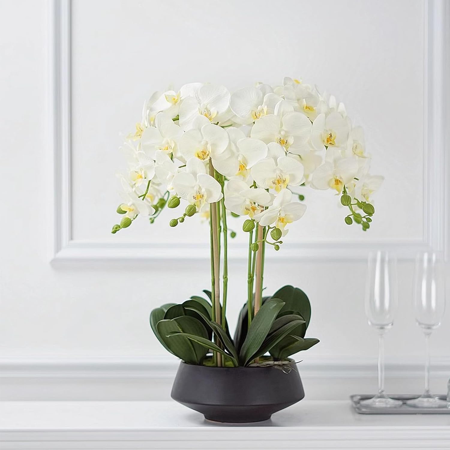 Artificial Phalaenopsis 6 Pcs Artificial Flowers Fake Orchid Flowers Stem Plants With 2 Pcs Leaves For Décor (White)