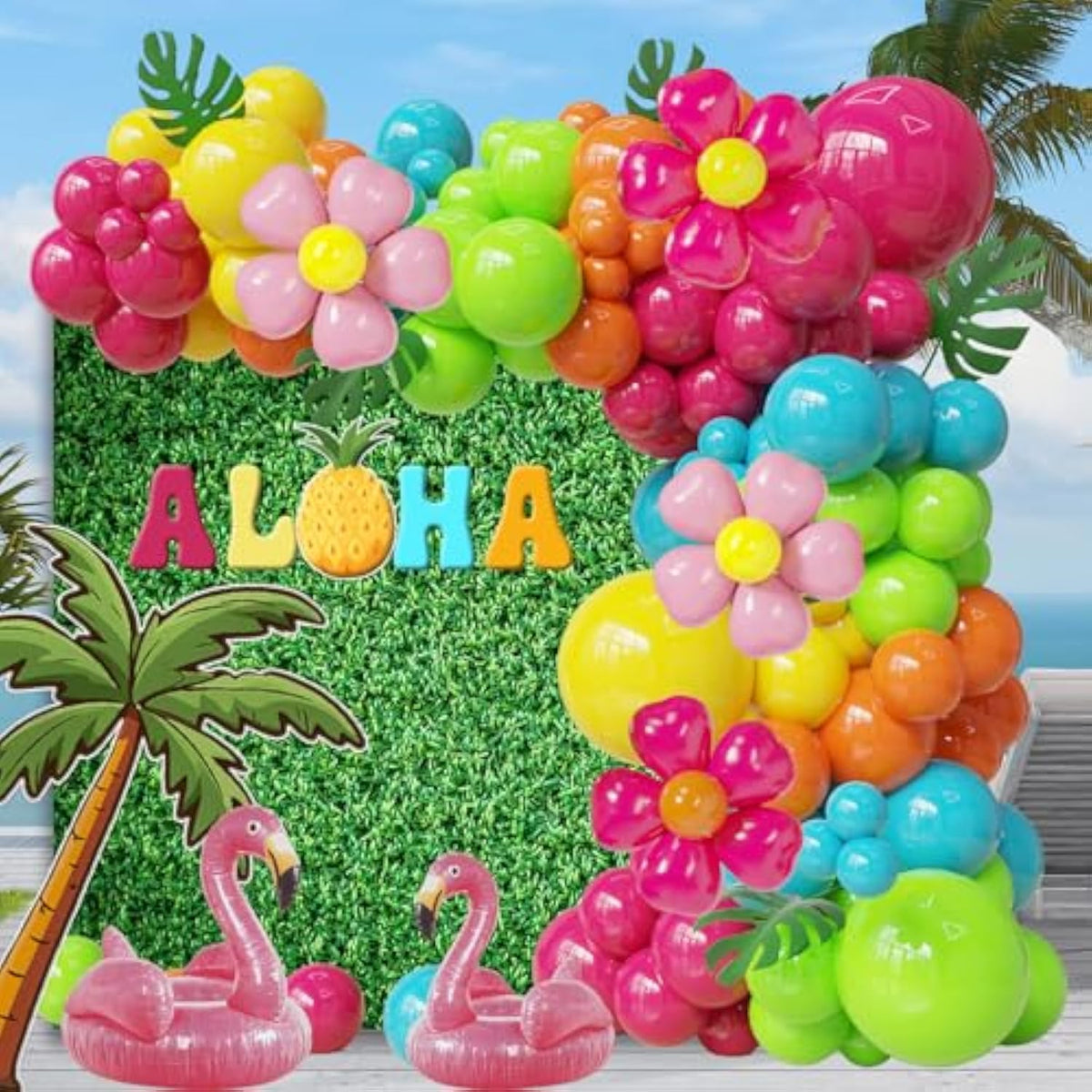 153Pcs Summer Balloon Arch Garland Kit With Hot Pink Orange Yellow Green Blue Balloons, Ideal For Hawaii Luau Tropical Aloha Bright Birthday Baby Shower Party Decorations