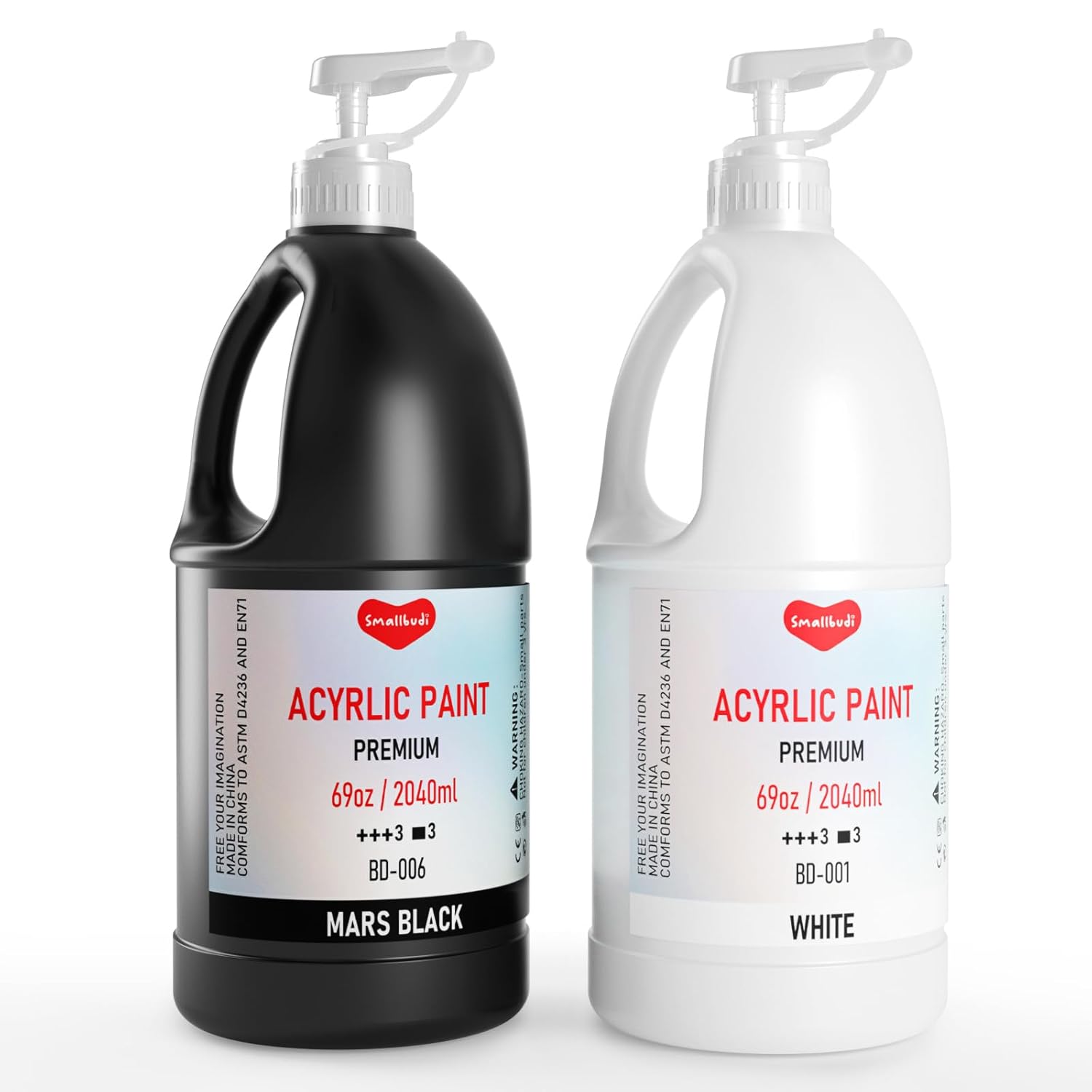 2 Pack White & Black Large Acrylic Paint Set (69 Oz, 2040 Ml), Art Painting Bulk Supplies For Multi Surface Canvas Wood Leather Fabric Rock Craft, Non Toxic Paint For Kid & Adult With Pump