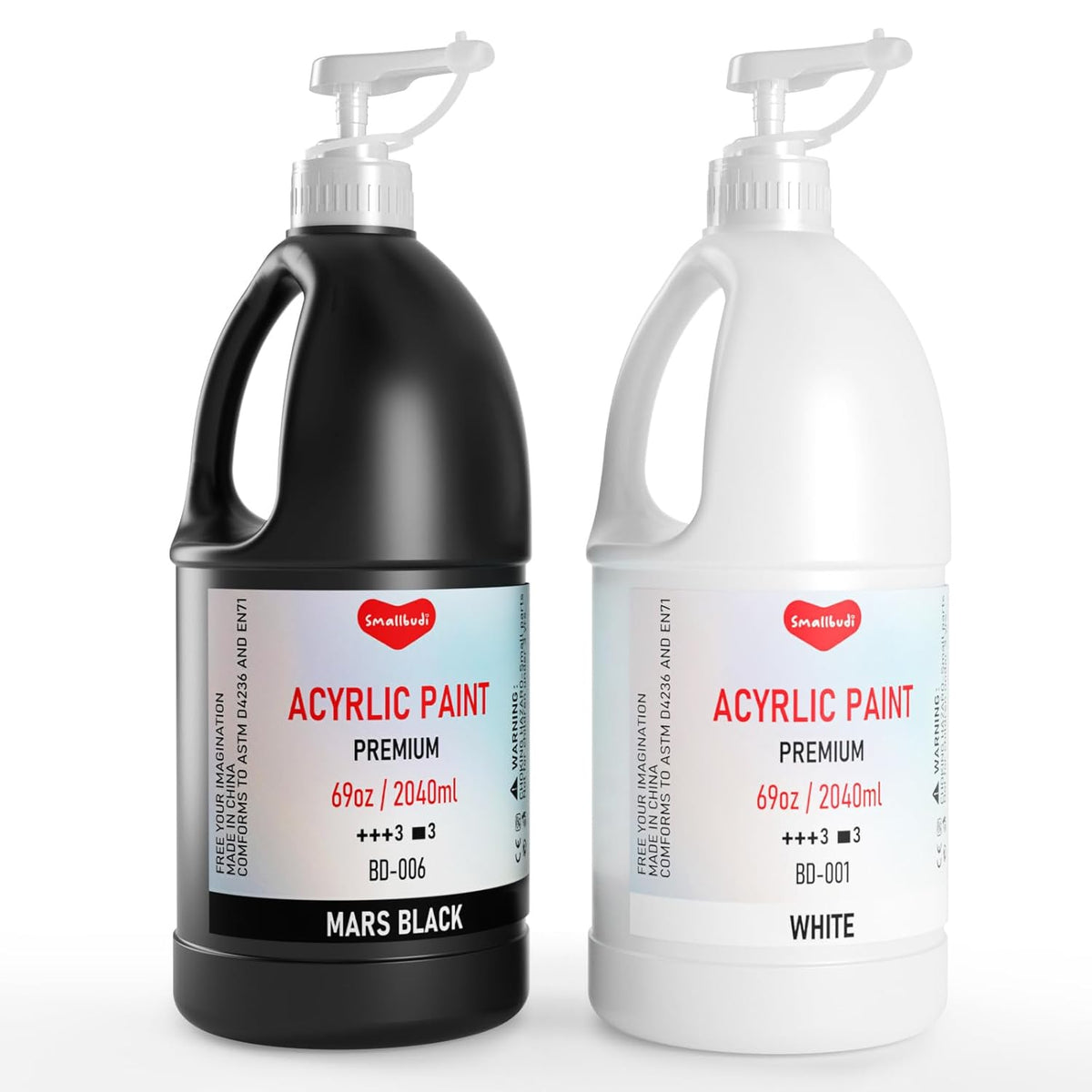 2 Pack White & Black Large Acrylic Paint Set (69 Oz, 2040 Ml), Art Painting Bulk Supplies For Multi Surface Canvas Wood Leather Fabric Rock Craft, Non Toxic Paint For Kid & Adult With Pump