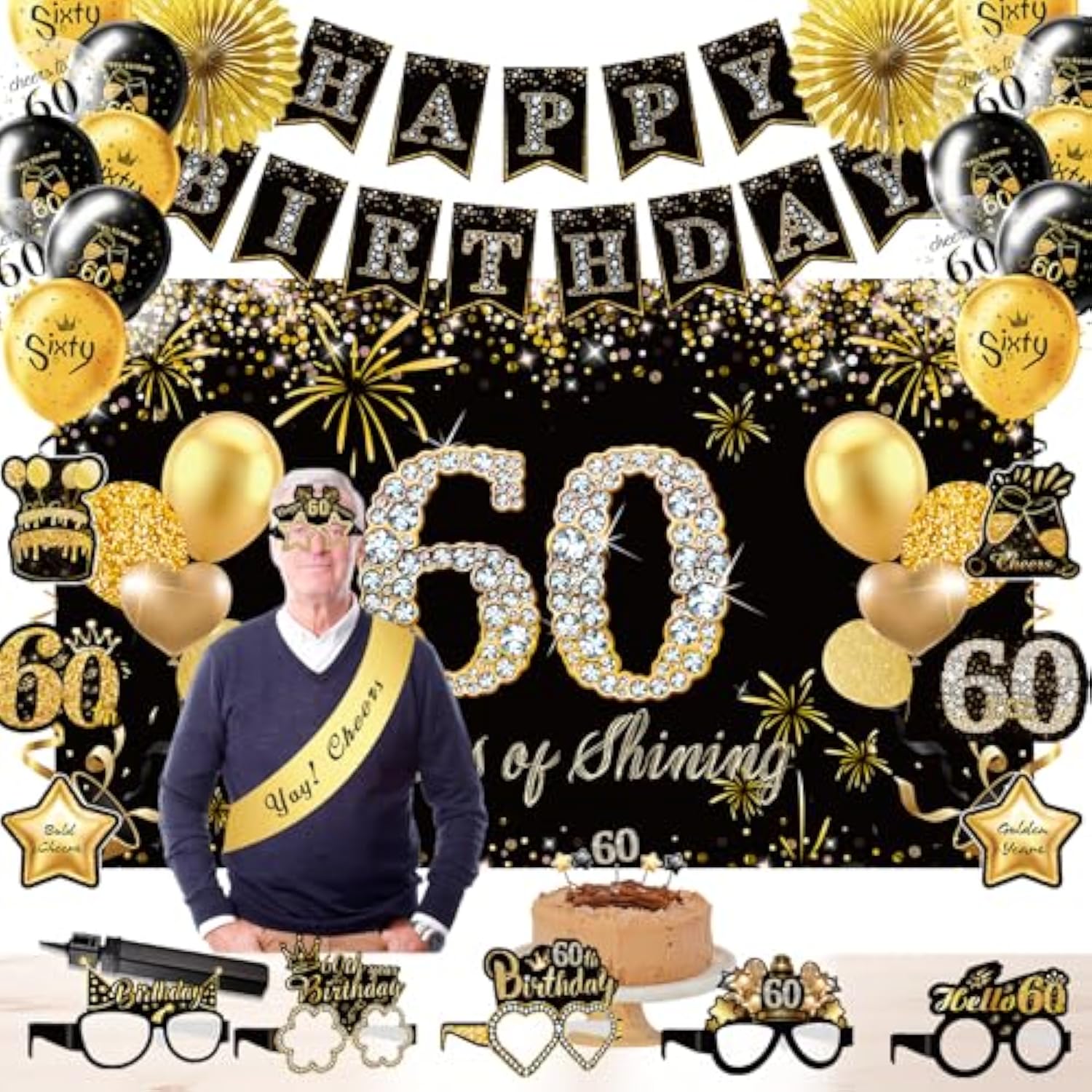60th Birthday Decorations 39pcs Black Gold Banner Balloons and Party Supplies