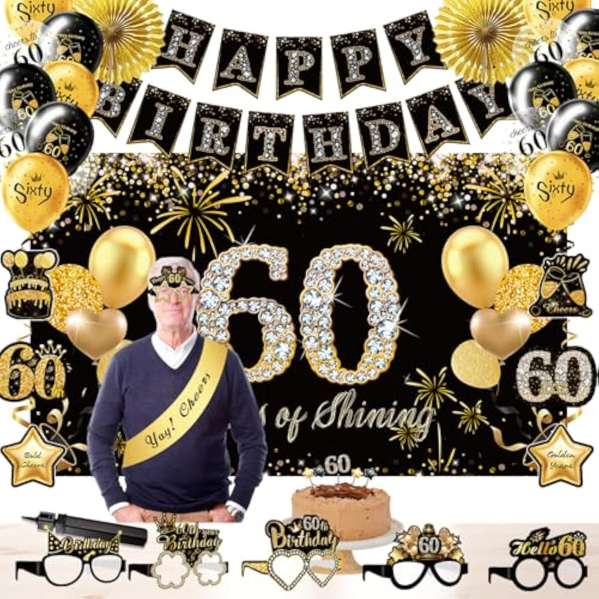 60th Birthday Decorations 39pcs Black Gold Banner Balloons and Party Supplies