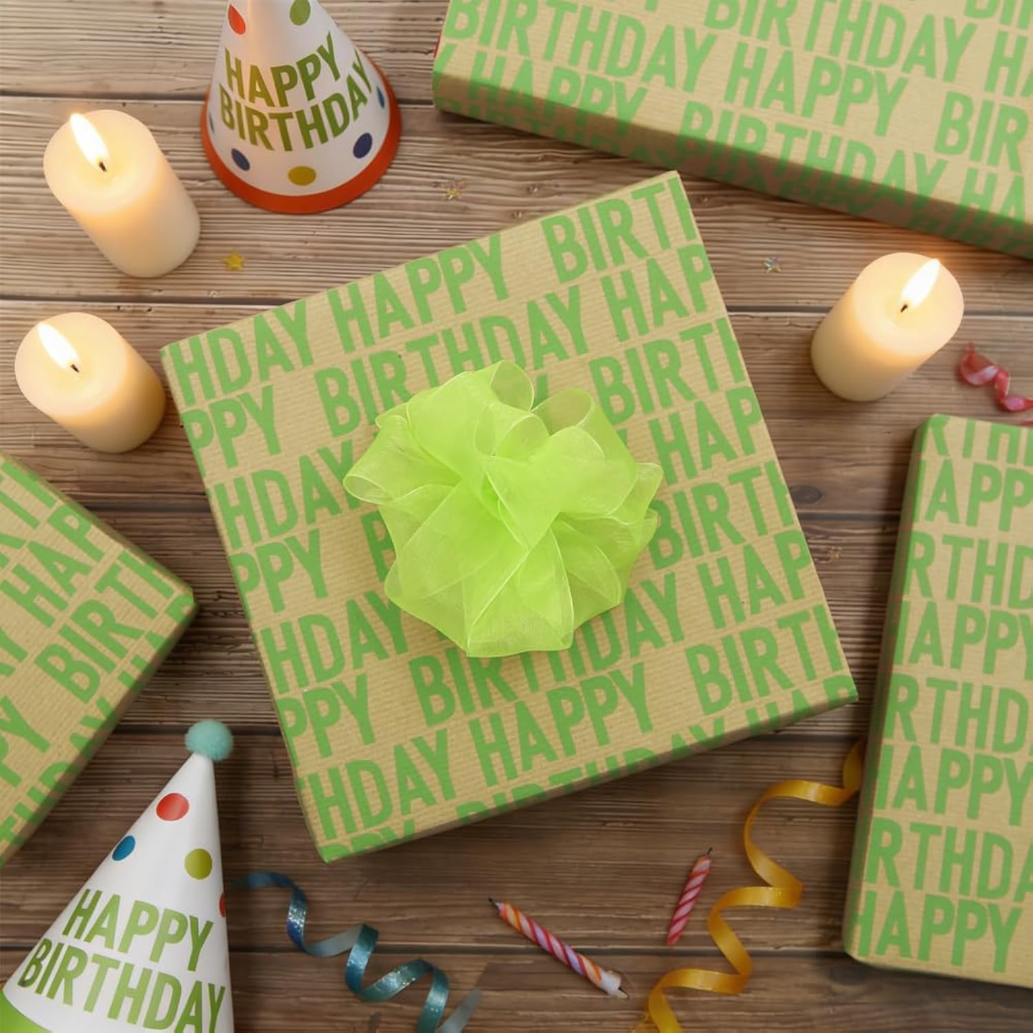 Minimal Soft Grass Green Large Happy Birthday Repeating Script Wrapping Paper 4 Sheets 27.5X19.7 Inch For Men Women Boys Girls Kids Green Enthusiasts-Brown Recycled Kraft Gift Wrap For Baby Shower Daddy Men All Birthday Occasions