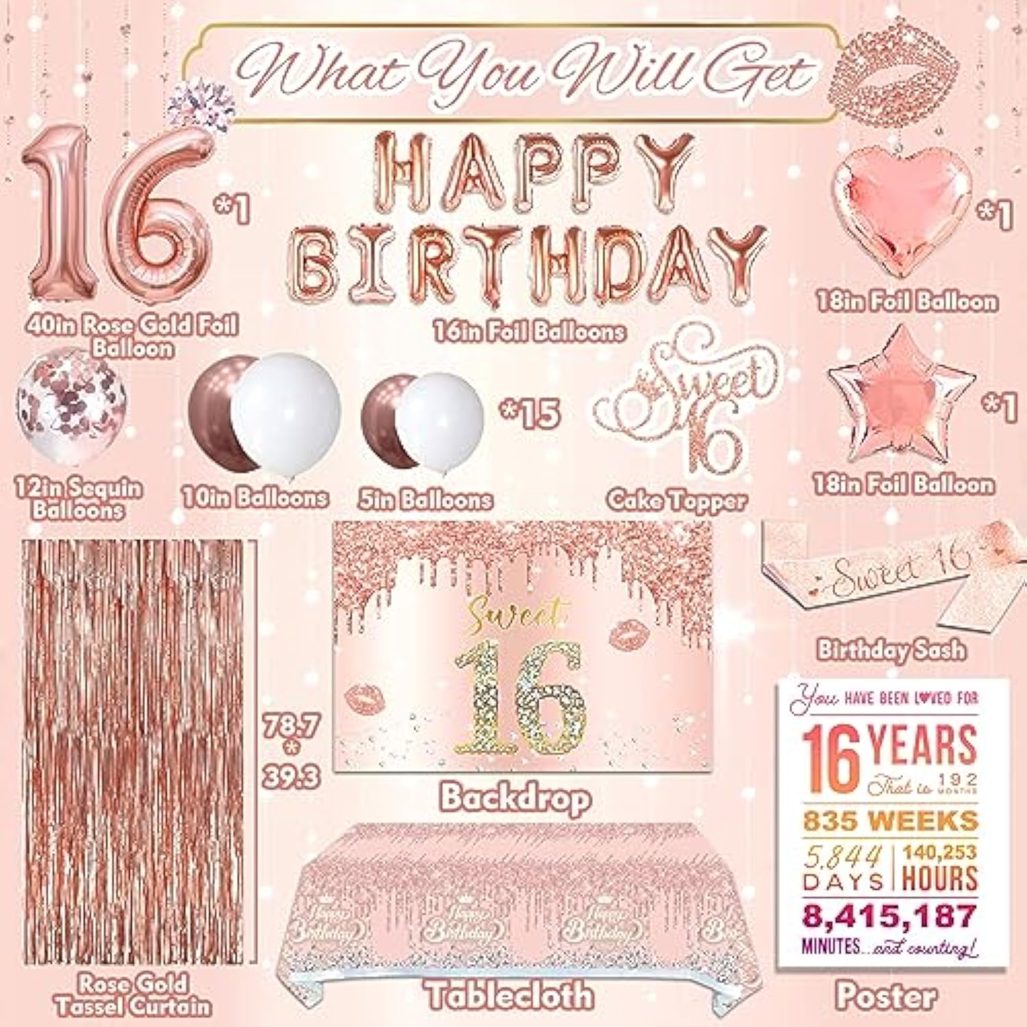 Rose Gold Sweet 16 Decor Set with Sash, Backdrop, Balloons & Cake Topper