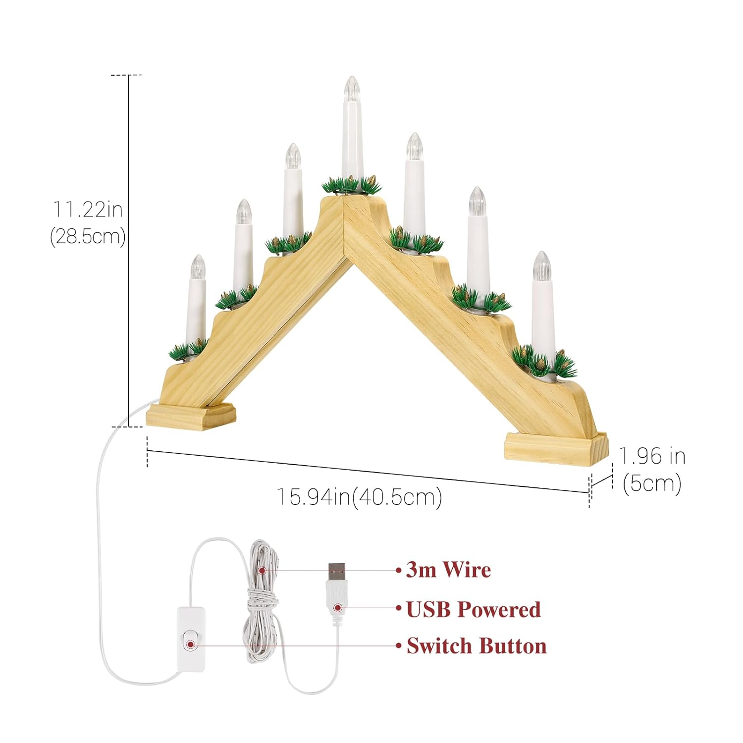 Christmas Swedish Candelabra, Electric Candles With 7 Flameless Taper Candles, Usb Powered Wooden Candle Bridge Light With Pine Needles, Decorative Xmas Candle Lights For Windows Wedding, Wood