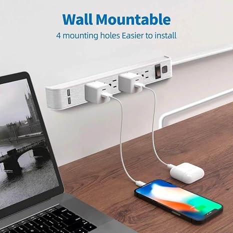 6 Outlet Surge Protector Power Strip 2 USB Ports 4FT Cord 600J Wall Mount