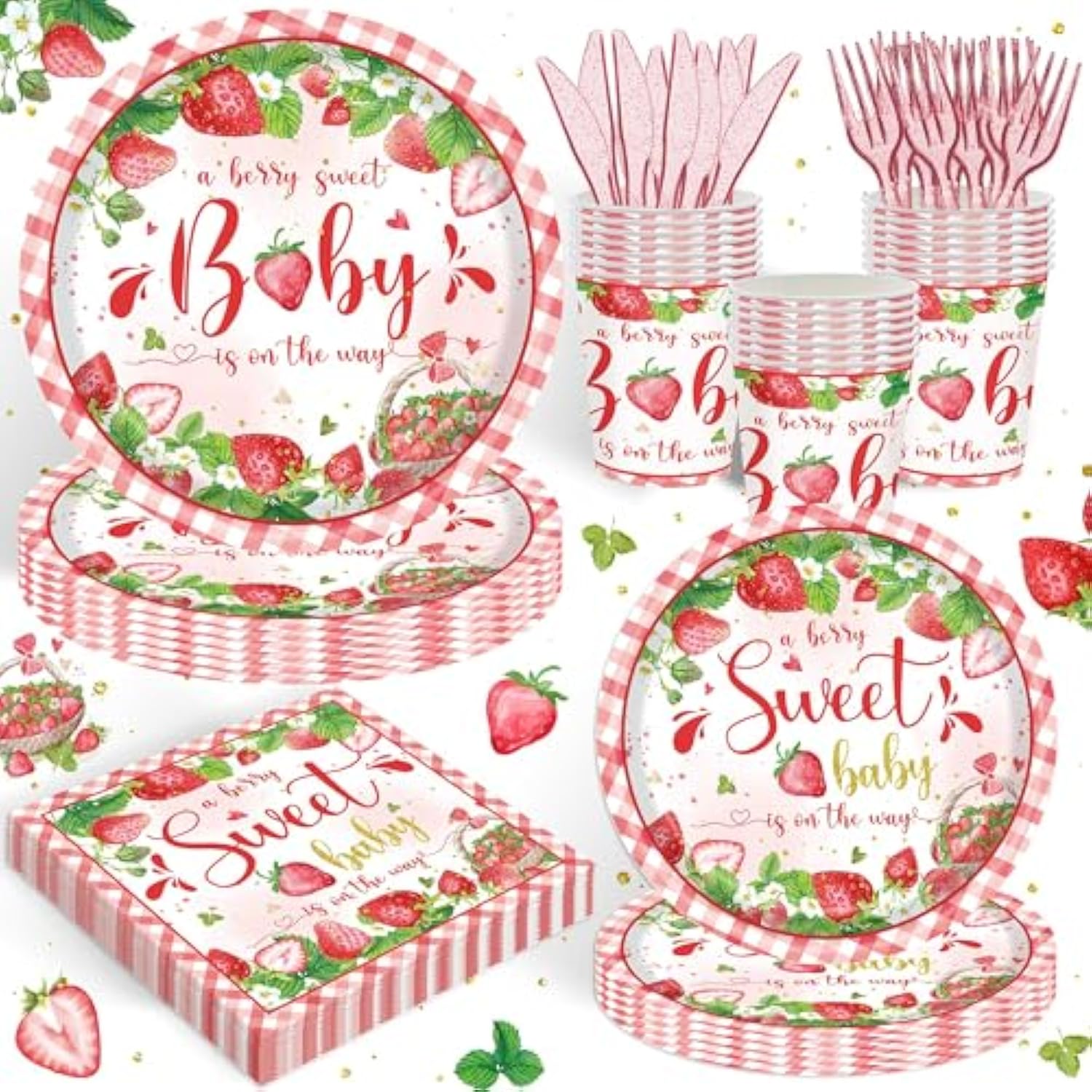 120Pcs Strawberry Baby Shower Supplies For Girls A Berry Sweet Baby Pregnancy Party Decorations Dinnerware Set Paper Plates Napkins Cups Set For 20 Guests