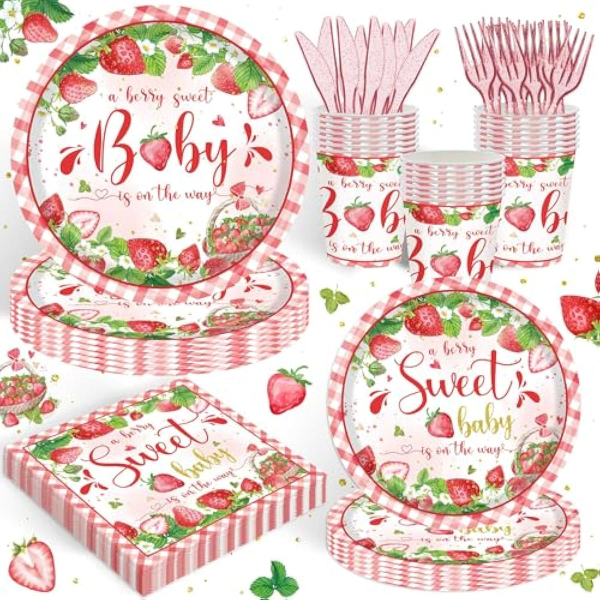 120Pcs Strawberry Baby Shower Supplies For Girls A Berry Sweet Baby Pregnancy Party Decorations Dinnerware Set Paper Plates Napkins Cups Set For 20 Guests