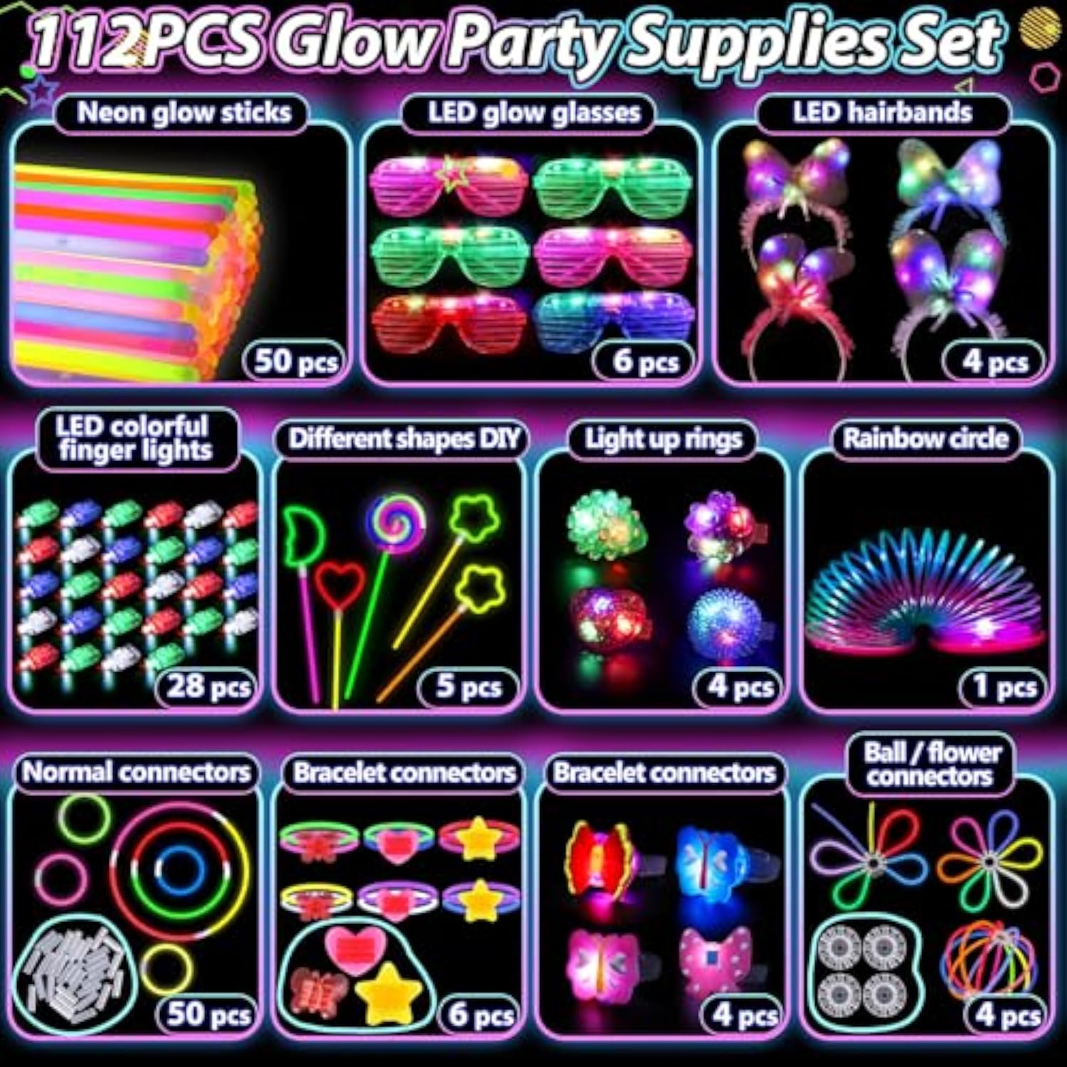 112Pcs Glow In The Dark Party Supplies For Kids Adults, Light Up Party Favors With Light Up Glasses, 50 Glow Sticks Bulk Pack For Diy Bracelets Necklaces, Neon Party Supplie Decorations For Hallowee