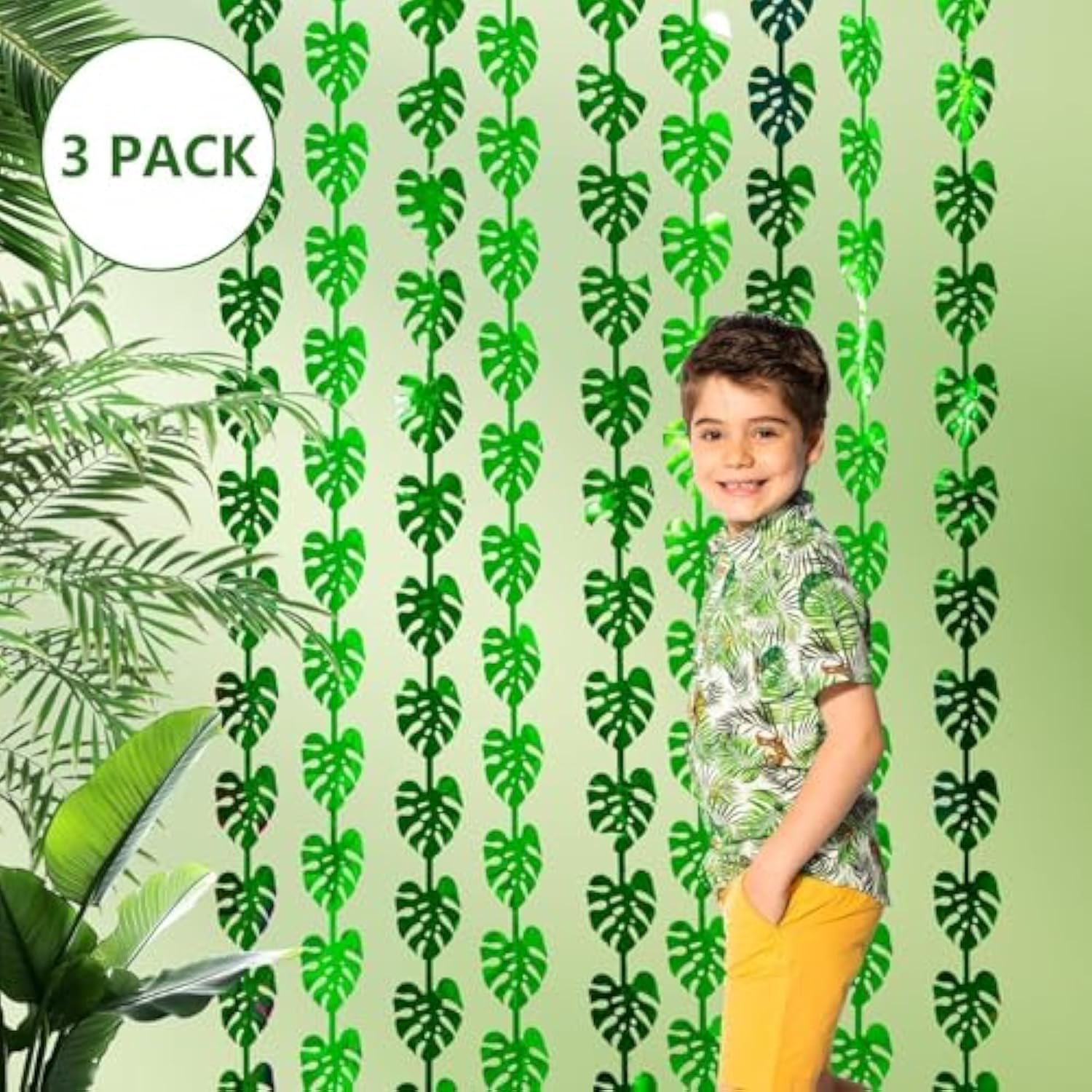 3-pack jungle leaf foil fringe curtains 3.3x6.6ft for safari party decor
