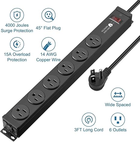 4000J Surge Protector Power Strip Heavy Duty Metal 6 Ft 14AWG Extension Cord