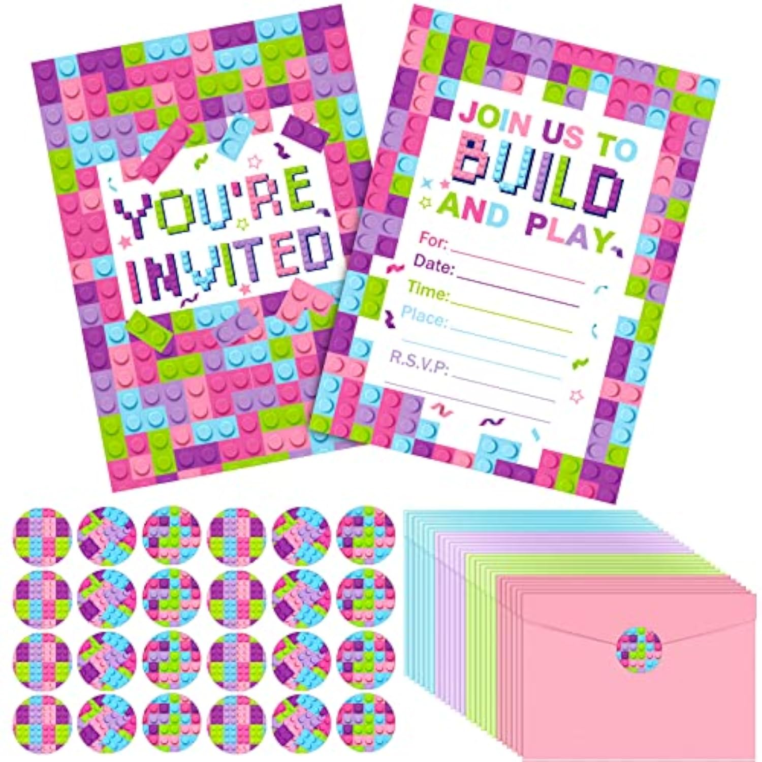 24 Set Girls Pink Birthday Party Invitations With Envelopes Bulk, Stacking Bricks Invite Card Set, Block Bricks Invitation Cards Sticker Labels For Girls Party Supplies Decoration