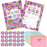24 Set Girls Pink Birthday Party Invitations With Envelopes Bulk, Stacking Bricks Invite Card Set, Block Bricks Invitation Cards Sticker Labels For Girls Party Supplies Decoration