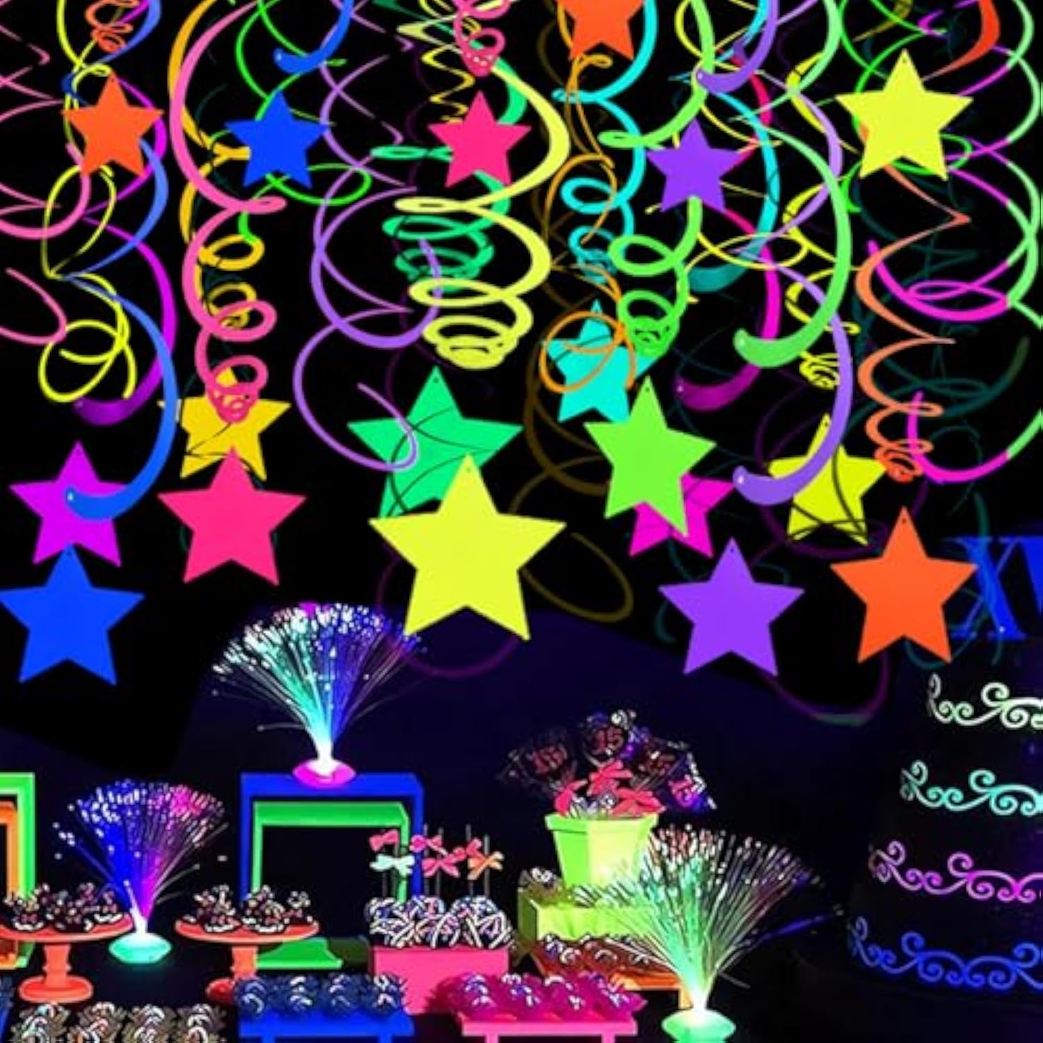 56pcs Neon Hanging Swirls — UV Glow Streamers for Blacklight Party Decor