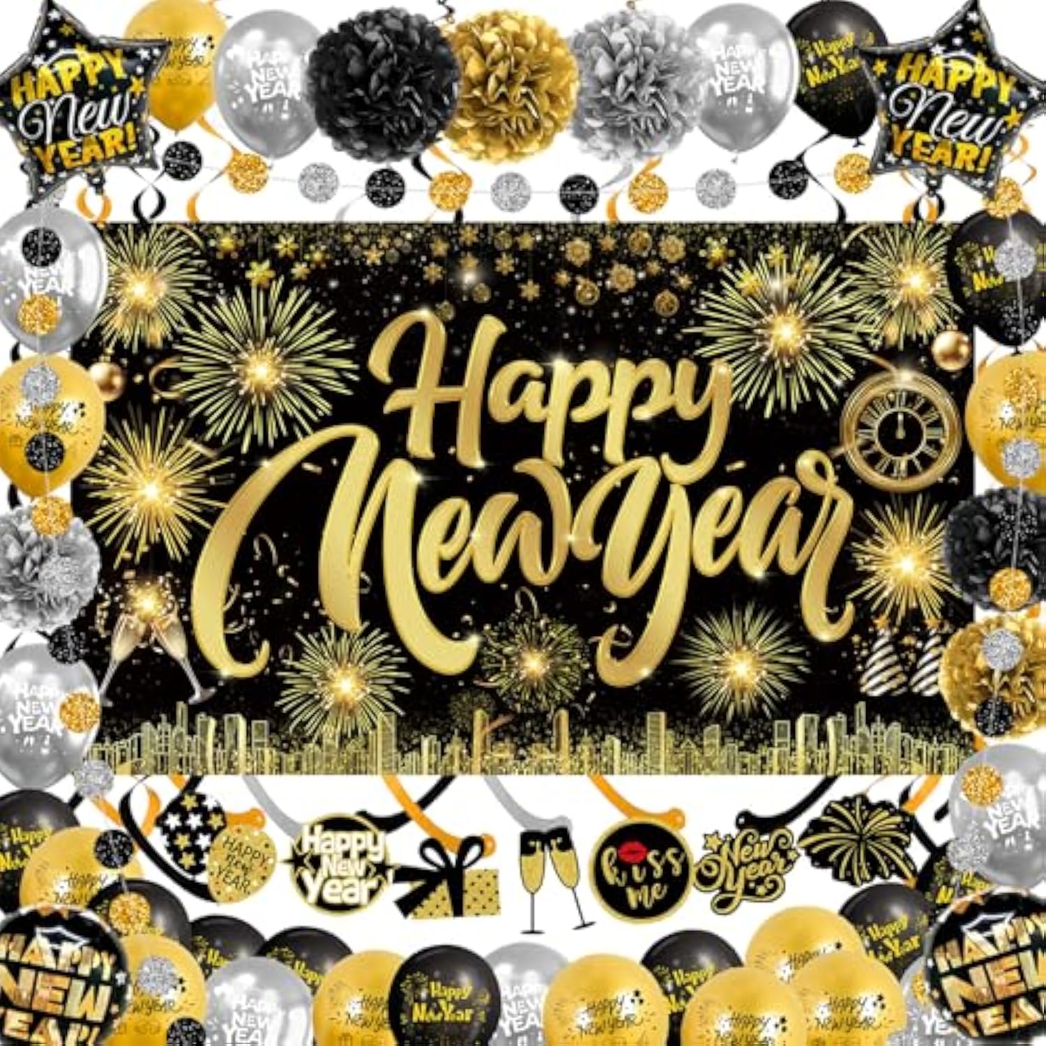 Happy New Year Photo Booth Backdrop with Fireworks Balloons and Pom Poms