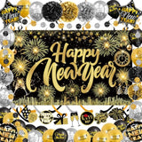 Happy New Year Photo Booth Backdrop with Fireworks Balloons and Pom Poms