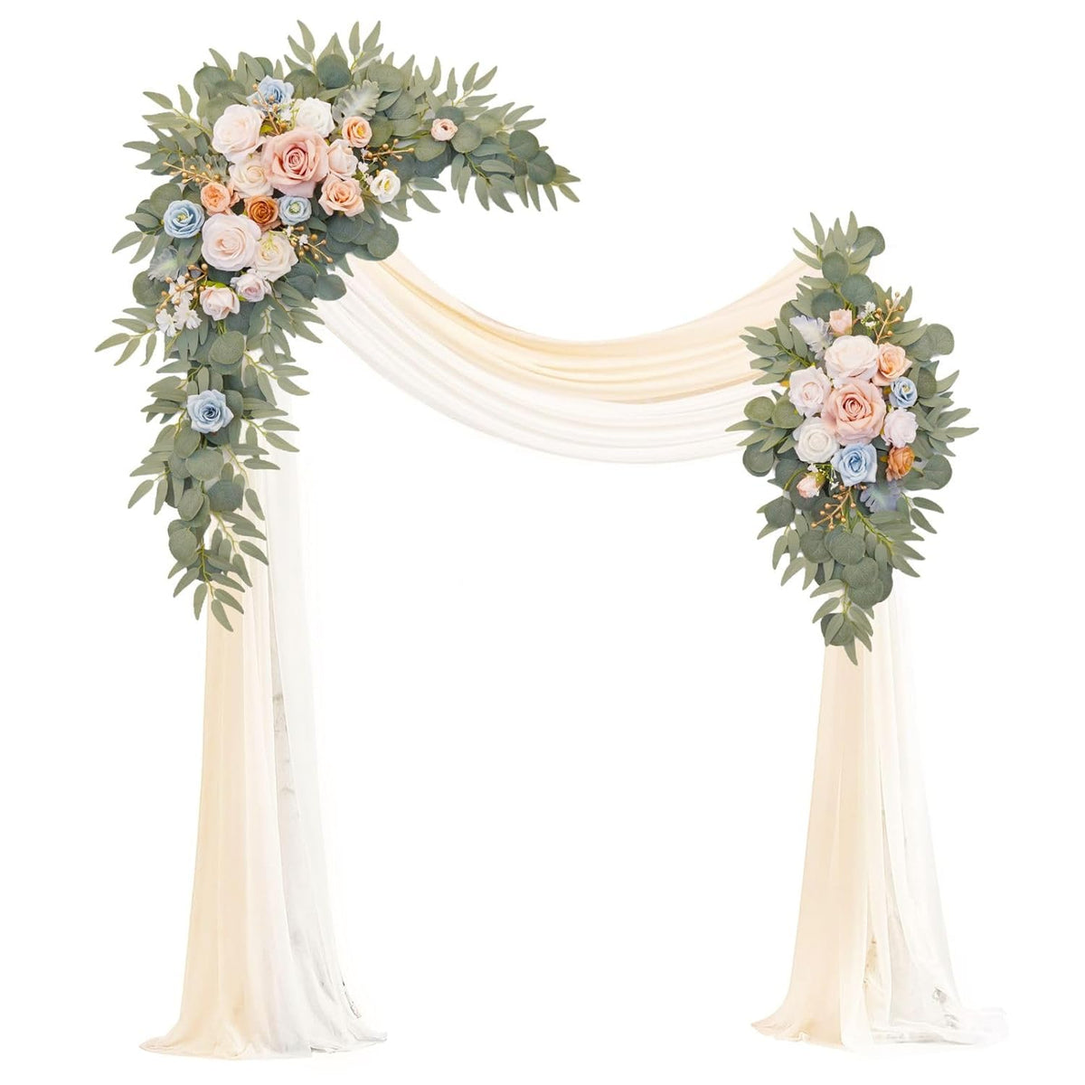 Artificial Wedding Arch Flowers Kit(Pack Of 4),2Pcs Artificial Flower Arch Decor, 2Pcs Chiffon Fabric Drapes, Ceremony Decoration, Floral Outdoor Party Decor (Champagne & Blue)