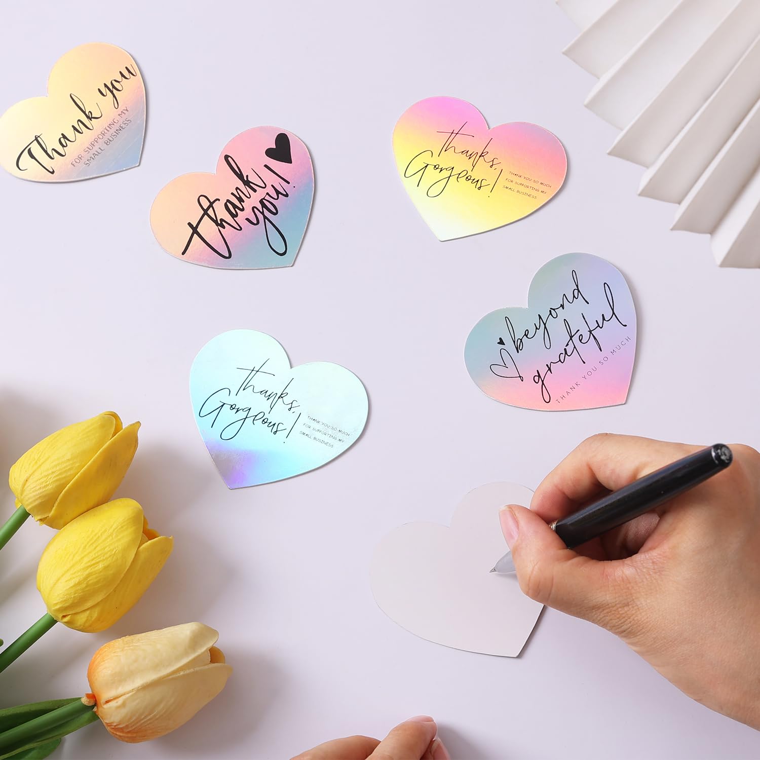 150 Pcs Holographic Love Heart Shaped Thank You Cards, 2.36 X 2.76 Small Business Encouragement Cards For Handwritten Message, Greeting Cards For Wedding, Baby Shower, Small Business, All Occasion