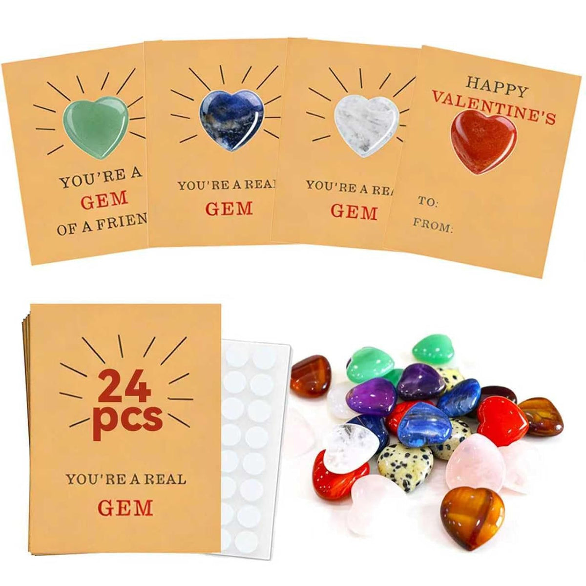 Valentines Day Gifts For Kids – 24 Pack Valentine Cards With Heart-Shaped Gemstones, Natural Crystal Rock Exchange Gifts For Boys & Girls, Classroom School Party Favors