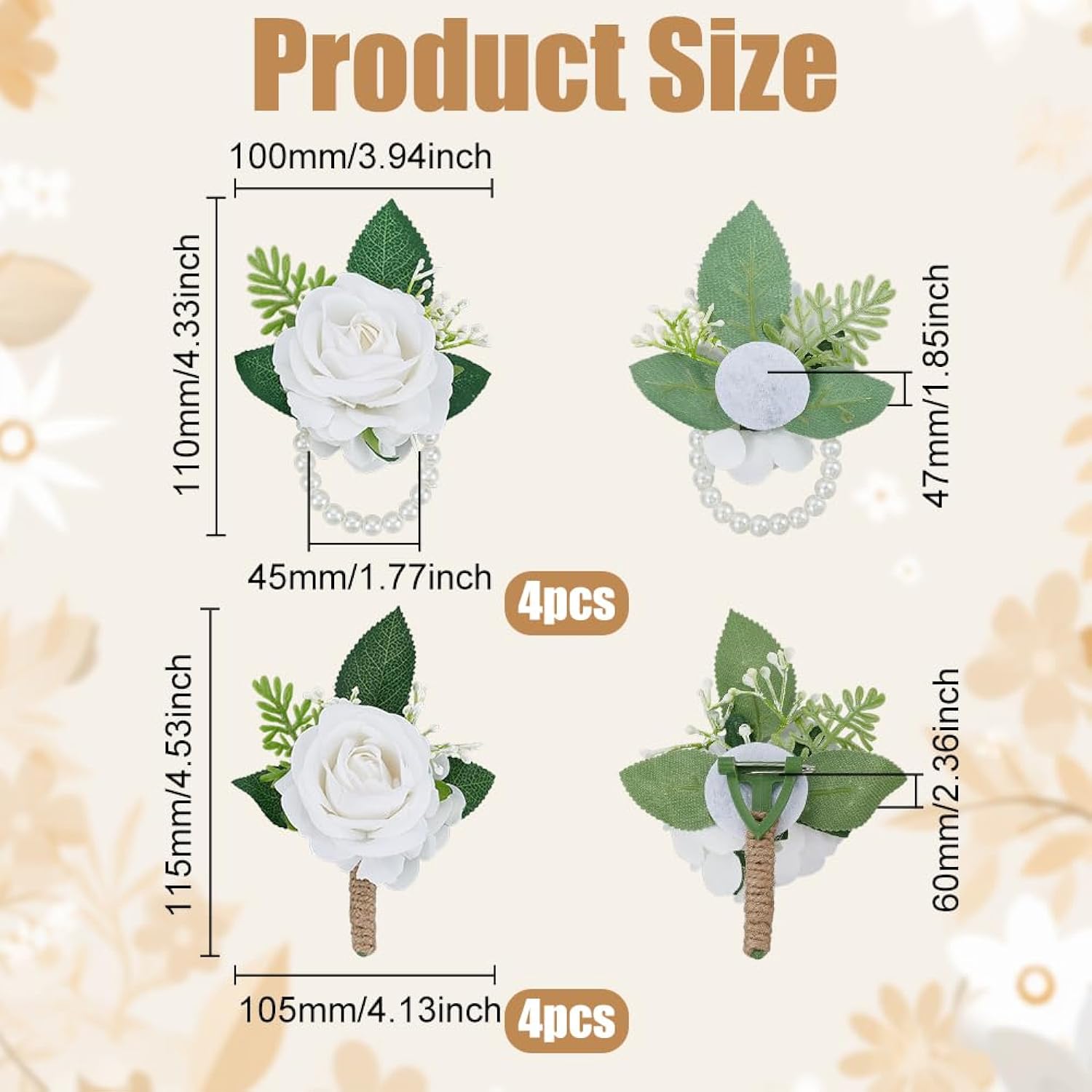 4 Pairs Ivory White Roses Wristlet Corsage Band & Boutonniere Set, Romantic Artificial Flower Wrist Corsage Bracelet Accessories For Wedding Bridal Groom Prom Men Women Flower Girl Guest