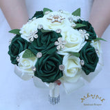 Lightweight Bridal Wedding Bouquet Round Holding Bouquet Throw Toss Artificial Rose Flower Bunch For Bride Bridesmaid Wedding Quinceanera (Cream & Dark Green, 7.9")