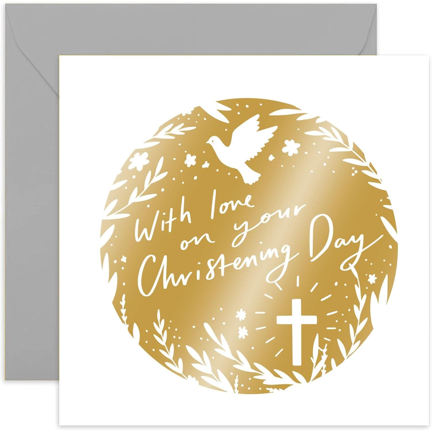 Old English Co. Gold Christening Day Card - Floral Dove Cross Design Greeting Card For Adult Or Child - On Your Christening Day Card For Girl Or Boy - Goddaughter Godson | Blank Inside Envelope