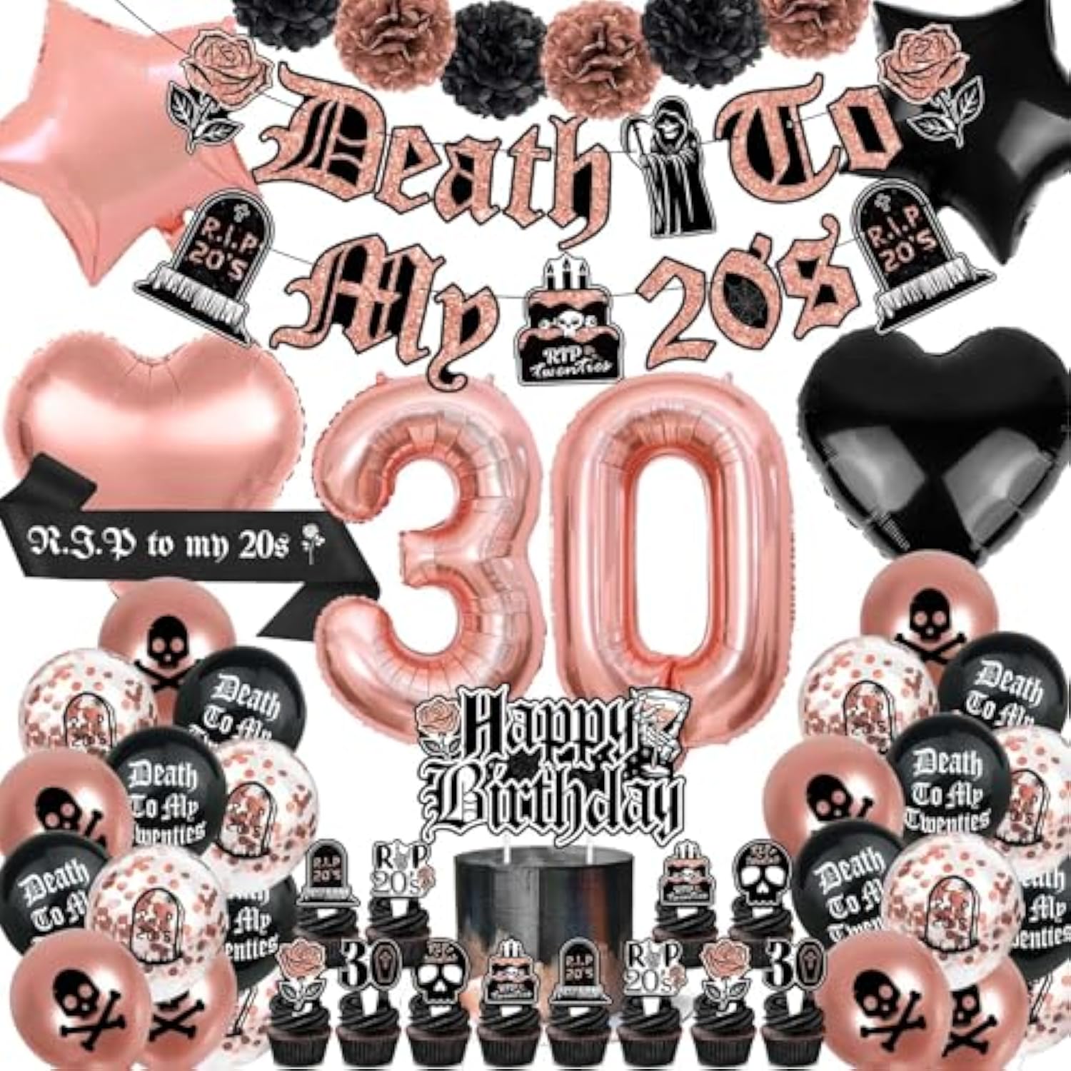 Death To My 20S Decorations, 30Th Birthday Decorations For Her Black And Rose Gold, Rip To My 20S Birthday Decorations Funeral For My Youth 30Th Birthday 30 Balloon Numbers Dirty Thirty Party Supplies