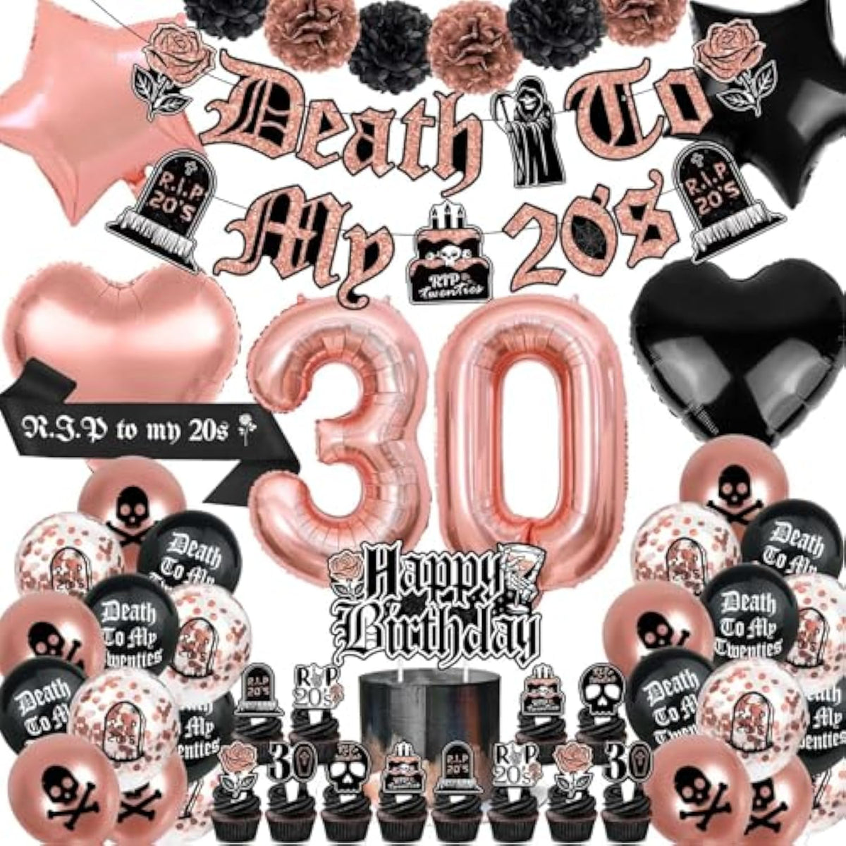 Death To My 20S Decorations, 30Th Birthday Decorations For Her Black And Rose Gold, Rip To My 20S Birthday Decorations Funeral For My Youth 30Th Birthday 30 Balloon Numbers Dirty Thirty Party Supplies