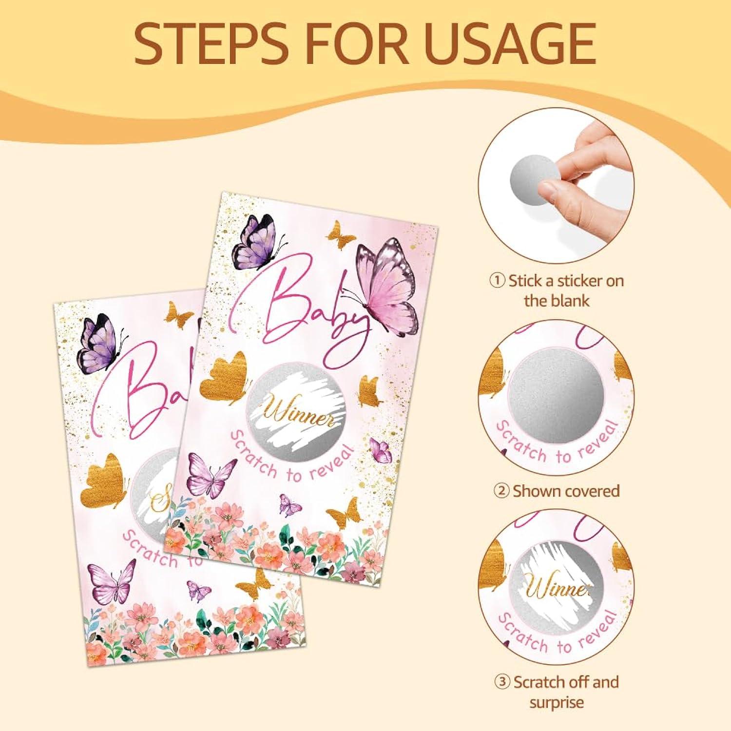 50 Pack Butterfly Baby Theme Scratch Off Game, Pink Scratch Card For Baby Shower Birthday Party Lottery Games Group Games Family Activity, Baby Shower Activity And Idea