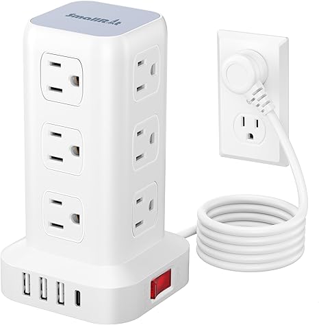 Power Strip Tower 12 Outlets 4 USB Ports 6.5FT Extension Cord Charging Station Black