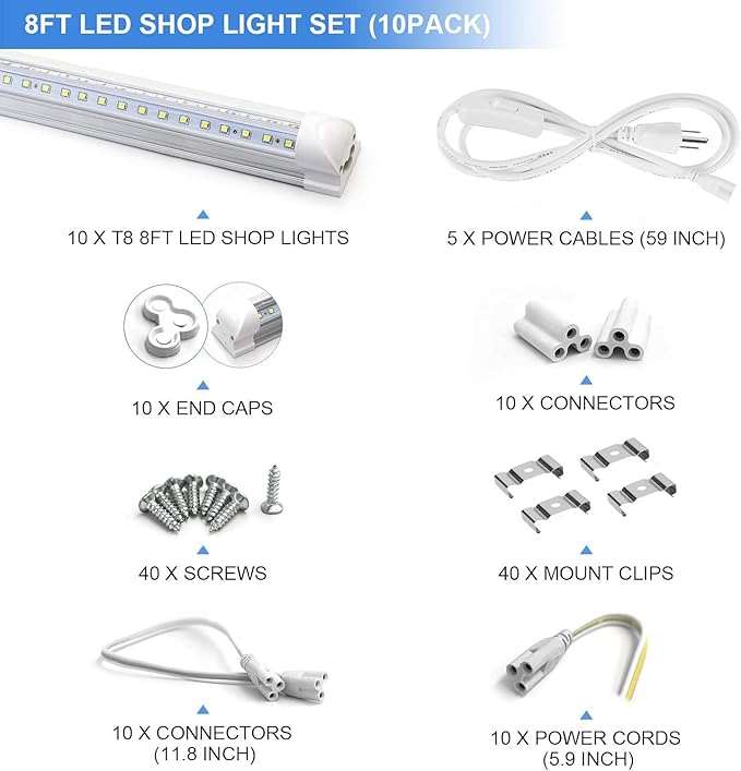 10 Pack 8FT LED Shop Light Fixtures 90W 12000LM 6500K V Shape Linkable Garage Lights