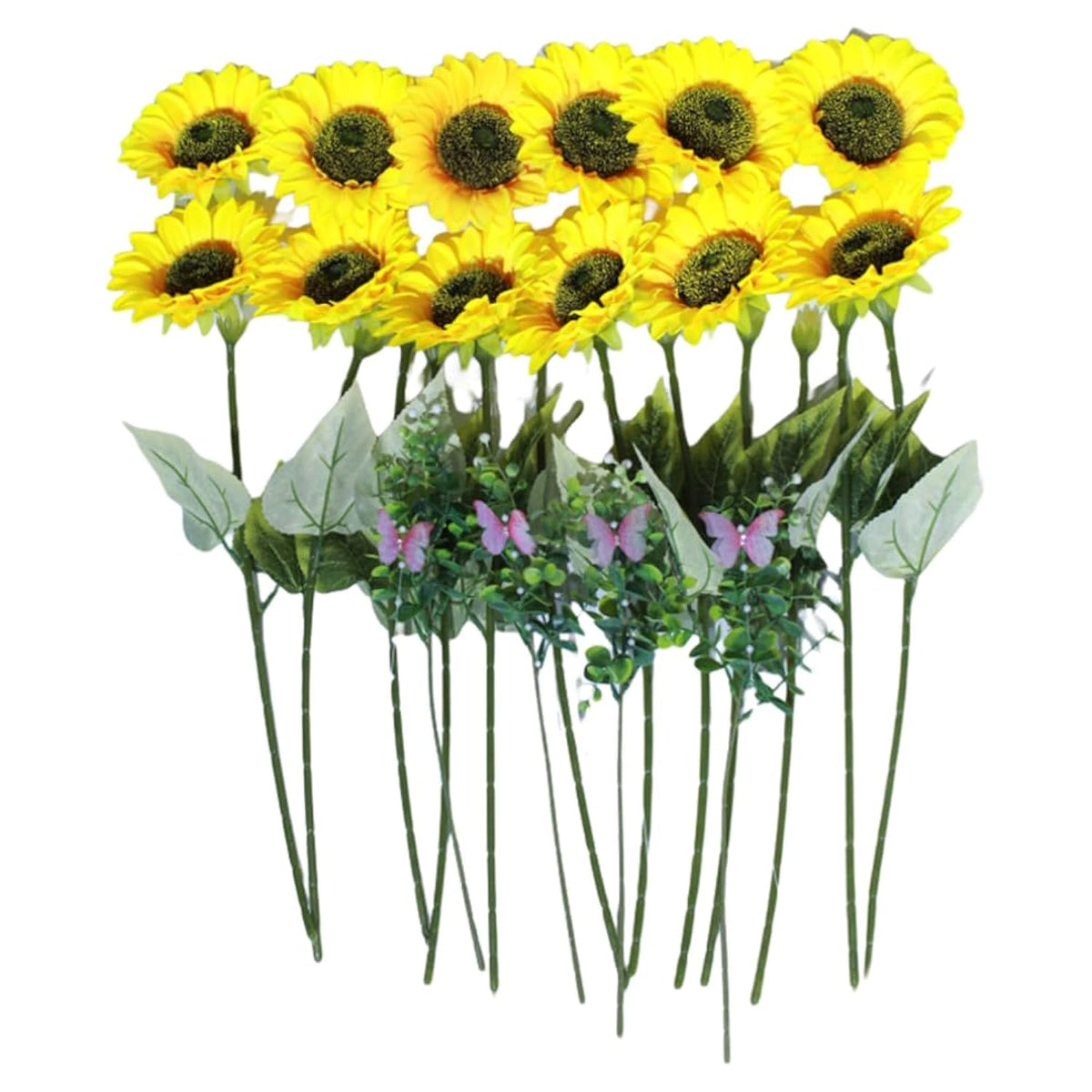 Realistic Sunflower Big Artificial Flowers With Eucalyptus Leaf And Fabric Butterfly, As A Tabletop Bouquet Or Outdoor Garden Decoration 12Pcs