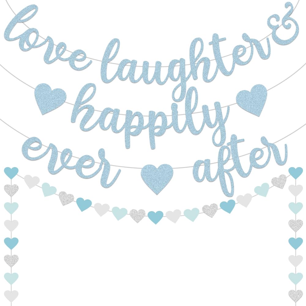 Glitter Blue Love Laughter & Happily Ever After Banner, 13FT White-Blue Champagne Heart Streamers Garland for Wedding Bridal Engagement Party